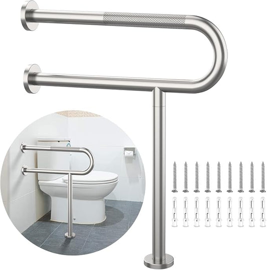 24 Inch Toilet Support Rail, Munzong Brushed Nickel Handicap Grab Bar | Anti-Slip Stainless Steel Knurled Safety handrails with Leg for Elderly Disabled Pregnant-1.25’Tube
