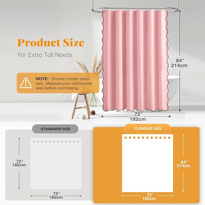 Boho Scalloped Linen Textured Cloth Shower Curtain Set, 72x84, Pink | Tall Size, 230GSM Waterproof Polyester, Heavy Duty Fabric, 12 Plastic Hooks, Elegant Modern Farmhouse Style, Machine Washable