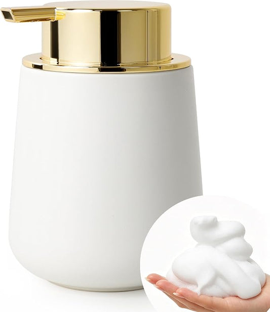 Bosilunlife 12Oz Ceramic Foam Soap Dispenser for Bathroom Kitchen Counter | Premium countertop foam pump creates delicate dense foam, stable desktop placement, Matte White with Gold