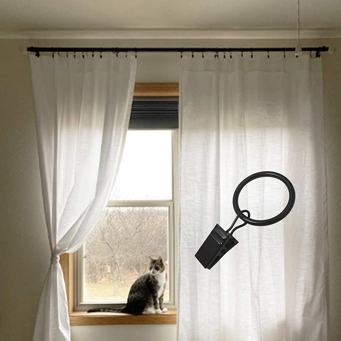 LLPJS 100 Pack Curtain Rings with Clips, Curtain Clip Rings Hooks, Bow Hanger Clips for Hanging Drapery Drapes Bows, Ring 1 inch Interior Diameter, Fits up to 5/8" Rod, Black