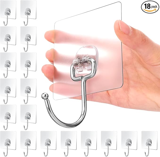 Large Hooks for Hanging Heavy-Duty 44Ib(Max) Self Adhesive-Hooks for Hanging, Traceless Clear and Removable, Waterproof and Rustproof Multiple Uses for Bathroom Kitchen Home 18 Pack