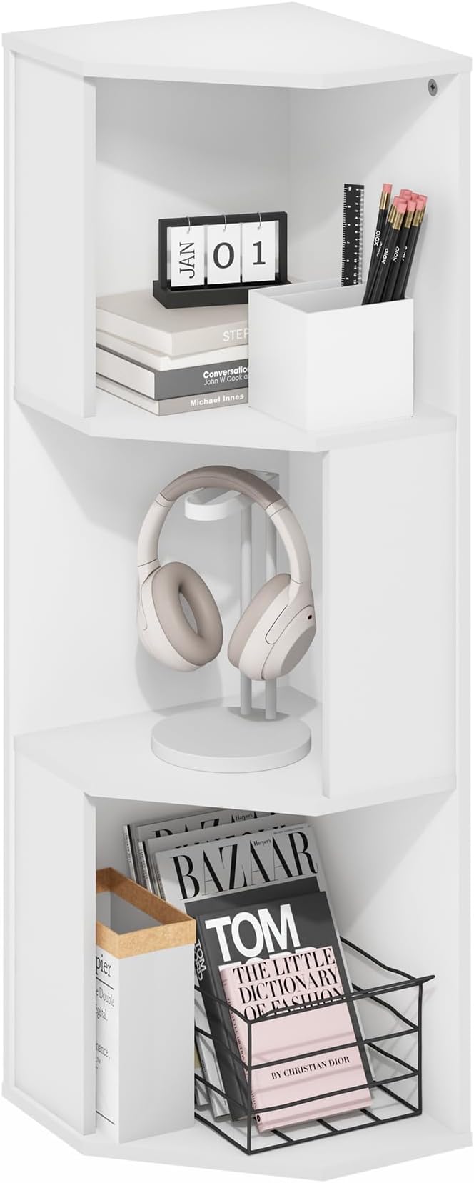 Furinno ECON Corner Shelf, 3-Tier Corner Book Shelf, Standing Storage Shelves, Cube Display Rack, Bookshelf, for Organization and Storage, Living Room, Home Office, White