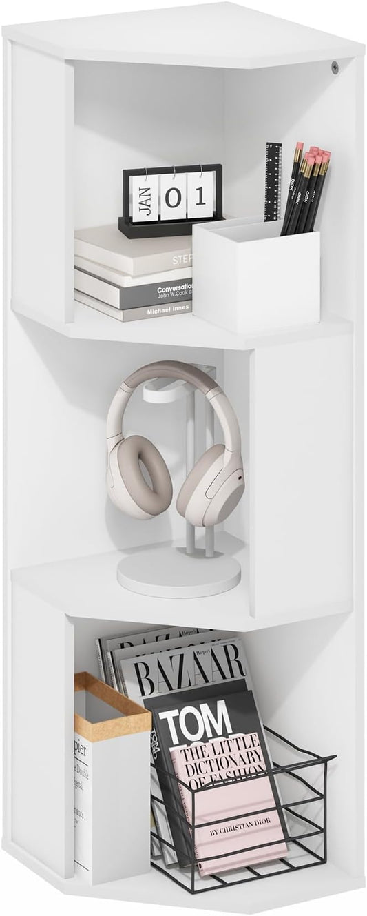 Furinno ECON Corner Shelf, 3-Tier Corner Book Shelf, Standing Storage Shelves, Cube Display Rack, Bookshelf, for Organization and Storage, Living Room, Home Office, White