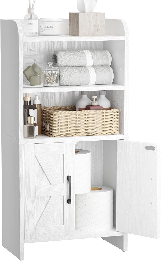 Small Bathroom Storage Cabinet, Farmhouse Freestanding Toilet Paper Storage with 2 Doors and Shelves, Slim Bathroom Storage Cabinet for Small Spaces, White, 7.9" D x 14.2" W x 29.5" H