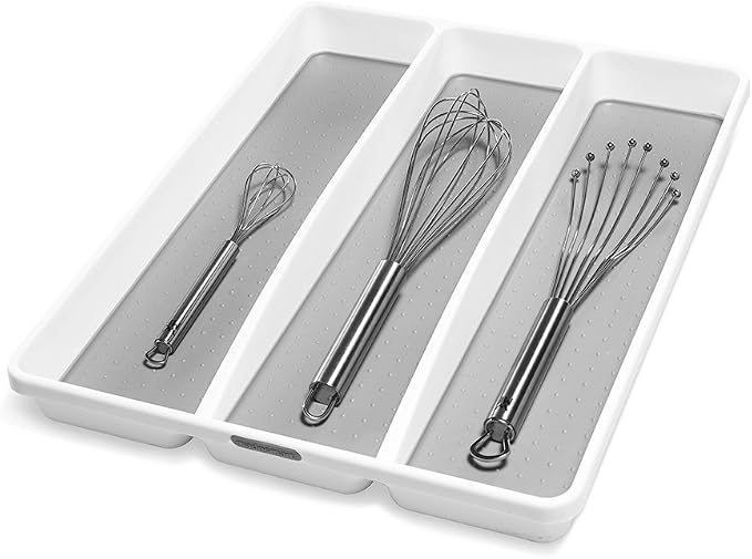 madesmart Classic 3 Compartment Utensil Tray, White | non slip feet, rounded corners, soft grip lining, wide channels, spatulas whisks tongs, ladles serving spoons, woman owned