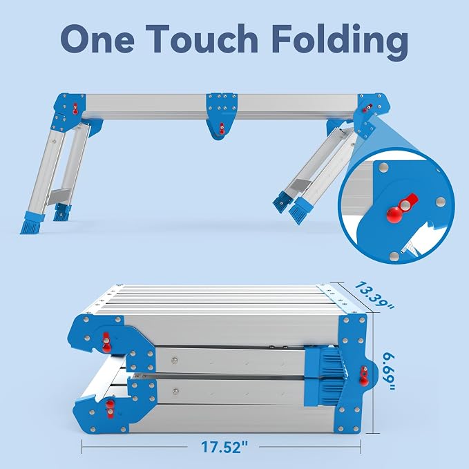 Work Platform 500 lbs with One-Touch Automatic Fold, Larger, Blue | Folding Step Stool, 4 Height Adjustment Platform Step, Perfect for RV Cleaning, Home Painting and Reaching High Places
