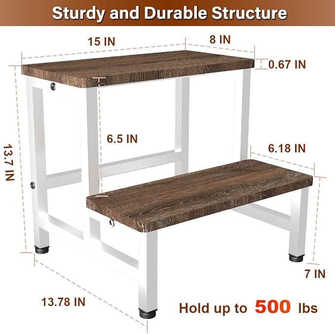 Wooden 2 Step Stool for Toddlers Kids and Adults, Heavy Duty Stepping Stools with 500 LB Load Capacity, Foot Step Stool for Bed, Living Room, Bathroom, Kitchen - Rustic Brown & White