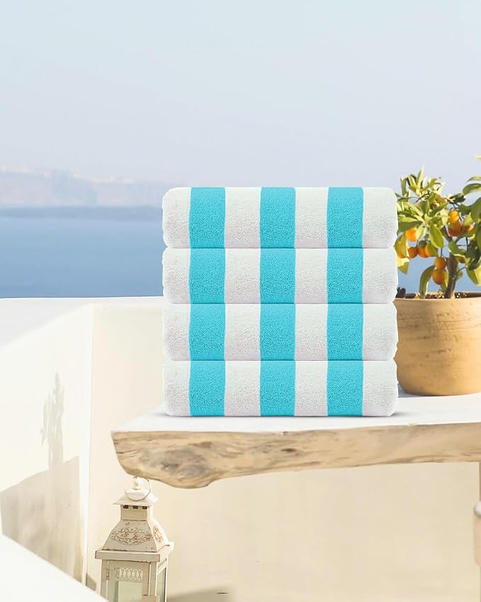 CASA COPENHAGEN Cabana Beach Towel Designed in Denmark Rough and Tough, Quick Dry, Beach, Pool, Bath & Shower 30x60 inches 4 Pieces Cotton Beach Bath Towels Set - Water Blue