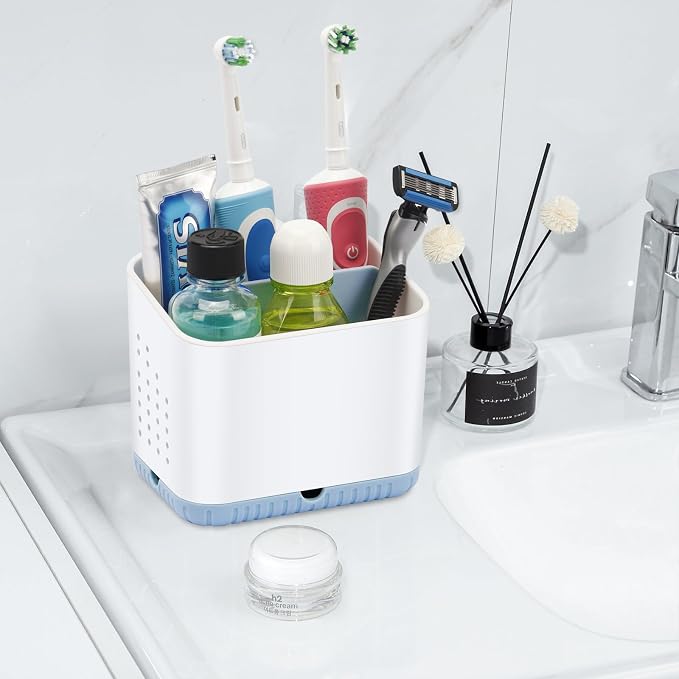 Bathroom Toothbrush Holders, Kids Toothbrush and Toothpaste Holder (Blue) | Easy To Clean, Drainage, Removable, Non-Slip, 4 Slots Tooth Brush Holder for Bathroom Countertop Organizer