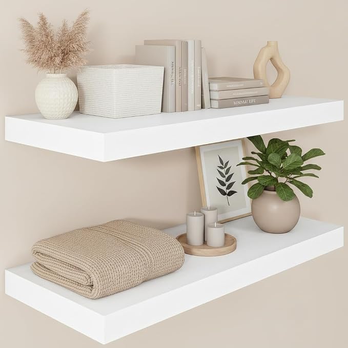 Vivelove 12 Deep Floating Shelves 30x12” Set of 2, White | Easy Install With Hardware, 2" Thick, Invisible Brackets, Wall Mounted, No Sagging, For Any Room