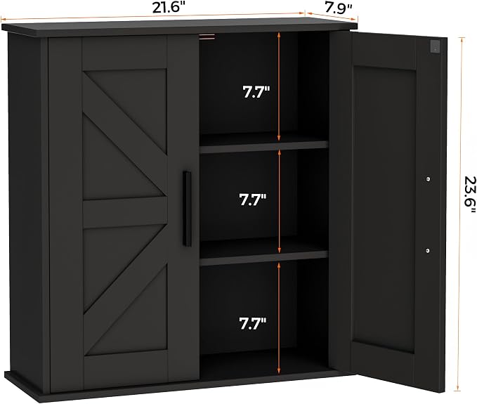 Homleke Bathroom Wall Cabinet, Medicine Cabinet with Adjustable Shelves | 3-Tier Wall Mounted Over Toilet Storage with Barn Doors, for Bathroom, Kitchen, Entryway, Laundry Room, Black, (7.9" D)
