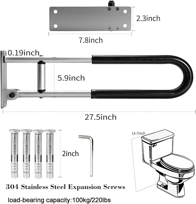 Toilet Grab Bar 28 Inch Flip Up Aluminum Handicap Rails Grab Bars Toilet Rail Bathroom U Shaped and Wall Mount Safety for Seniors Elderly Disabled Pregnant Injured Patients
