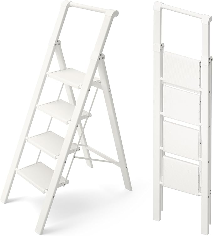 HillhutApex Aluminum 4 Step Ladder, Step Stool Foldable Ladder(White) | Stepladder with Handgrip,Anti-Slip Pedals,330lbs Capacity,Lightweight Folding Ladder for Home,Office,Libaray