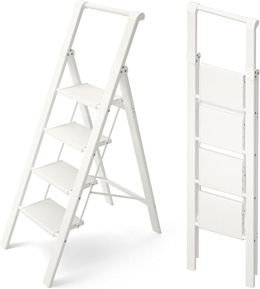 HillhutApex Aluminum 4 Step Ladder, Step Stool Foldable Ladder(White) | Stepladder with Handgrip,Anti-Slip Pedals,330lbs Capacity,Lightweight Folding Ladder for Home,Office,Libaray