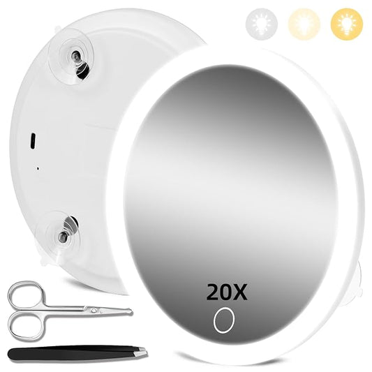 20X Magnifying Mirror with Lights, 20X Magnified Mirror with 3 Suction Cups | 6inch Travel Size, Rechargeable Magnification Mirror with 3 Color Lights Adjustable Brightness - Includes Tweezers & Scissors