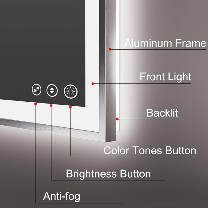 48x32 Inch LED Bathroom Mirror with Silver Frame | Silver Metal Frame, Front and Backlit, 3 Colors, Dimmable, Memory, Anti Fog, Tempered Glass, Lighted Mirror for Wall