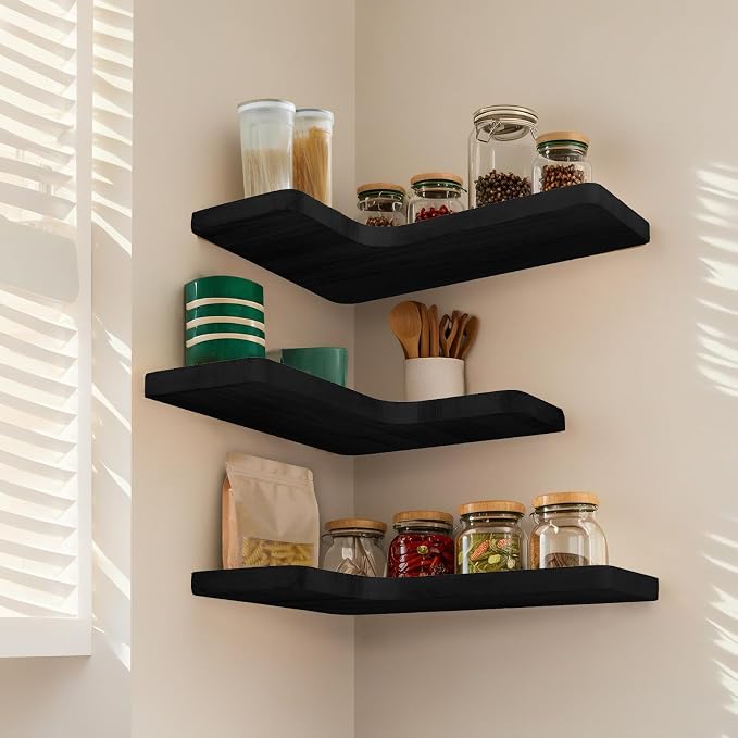 Floating Corner Shelves Set of 3, Solid Wood Picture Wall Shelf, Floating Shelves for Storage for Bedroom Kitchen Bathroom Living Room (Black)