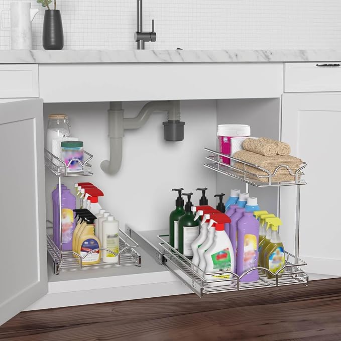 OCG Under Sink Cabinet Organizer Two Tier Pull Out Shelf (14.75W x 21D), Under Sink Sliding Shelf for Kitchen Bathroom Cabinet 2 Tier Chrome