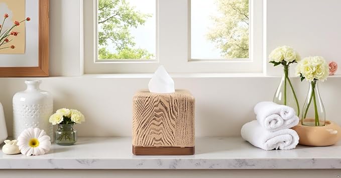 Hymmah Wooden Texture Square Tissue Box Cover Cube Tissue Holder Unique Design Klenex Box Dispenser for Bathroom Vanity Counter Tops Also Great for Bedrooms and Living Rooms