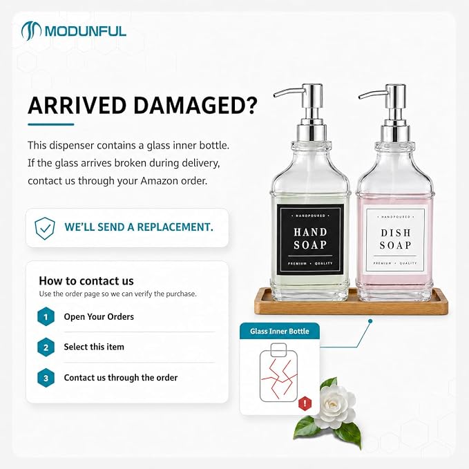 Kitchen Glass Soap Dispenser Set with Tray 2 with Silver Rust Proof Pump | 16.9oz Refillable Soap Dispenser for Hand, Dish with Waterproof Labels Residue Free, Luxury Decor for Bathroom Vanity, Clear