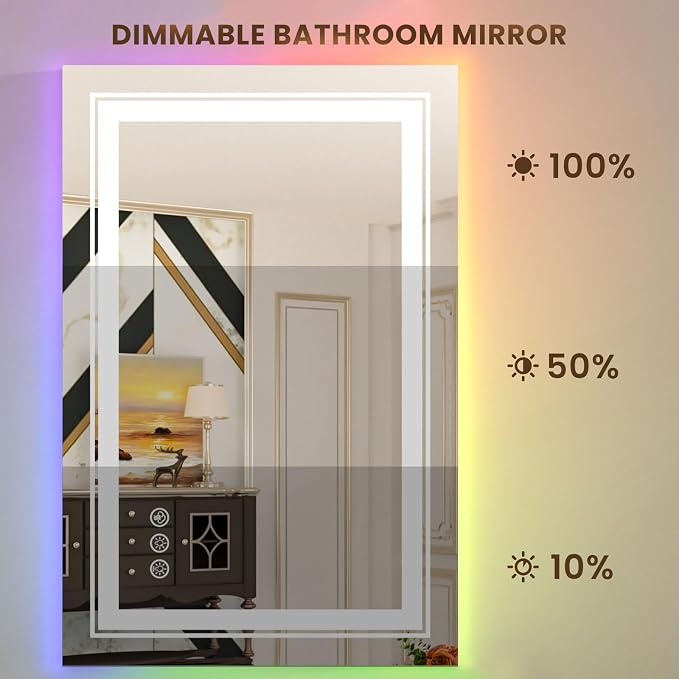 WTTY 28"x36" RGB LED Bathroom Mirror with Light | 8 Color Backlight + 3 Color Front Light, Anti-Fog, Dimmable, Memory Function, Tempered Glass, IP54 Waterproof, ETL Listed