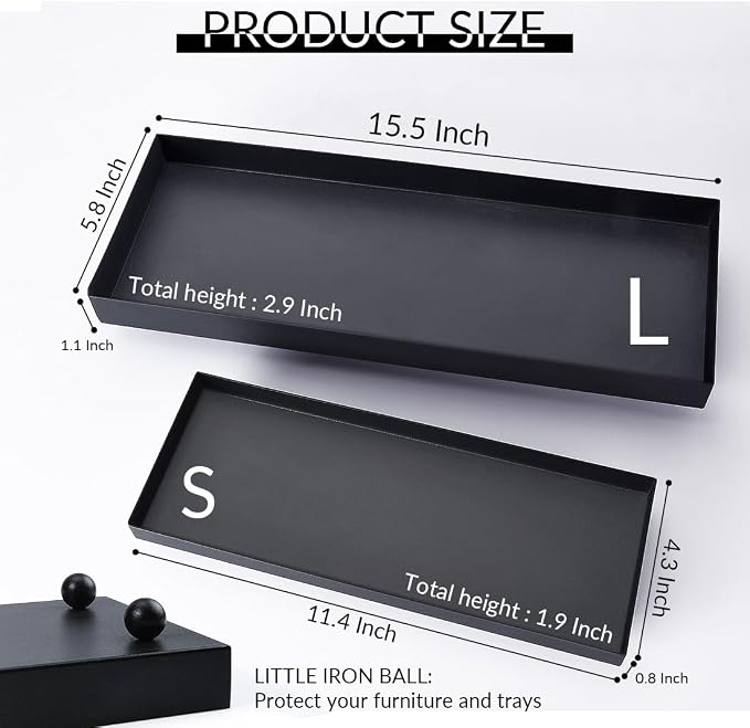 11.4"x4.3" Matte Black Rectangular Metal Tray, Candle & Jewelry Organizer | Rust-Resistant Iron, Powder Coating, Smooth Polished Edges, Elevated Ball Feet, Industrial Modern, Bathroom & Toilet Tank