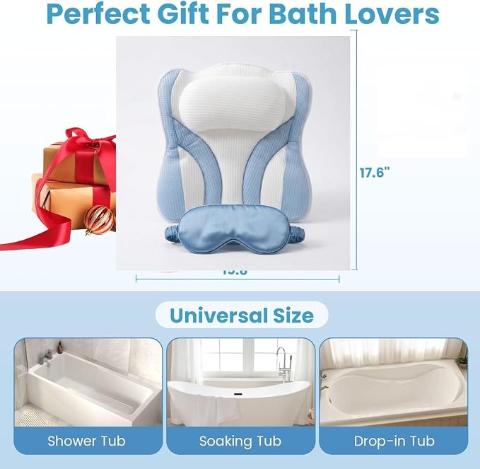 Blue White Bath Bathtub Pillow Spa Pillows for Tub. | Bath Pillow With Comfortable Soft 5D Mesh Fabric Suction Cups Head Neck Back Support Women`s Men`s Relaxing Bathing Gifts
