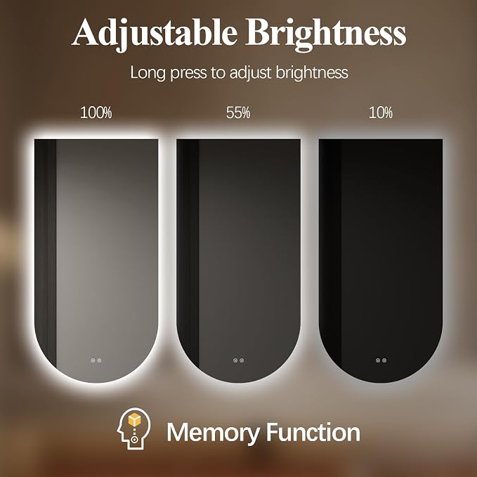 Arched LED Bathroom Mirror, 48"x24" Arch Framless Backlit Mirror with Lights Anti-Fog Dimmable Smart Frameless 3-Color Lighted Vanity Mirror Memory Waterproof, UL Listed, Vertical-Inverted
