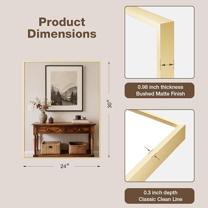 24"x30" Bruhed Gold Rectangle Vanity Bathroom Mirror, Set of 2 | Aluminum Alloy Frame, Clear Reflection, Rust-Resistant, Vertical or Horizontal, Wall Mount, Bedroom and Entryway