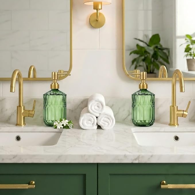 Green Glass Soap Dispenser (15.4 Oz, 1 Pack), Dish Soap Dispenser with Golden Rust Proof Pump for Kitchen Sink, Refillable Bathroom Hand Soap Lotion Dispenser
