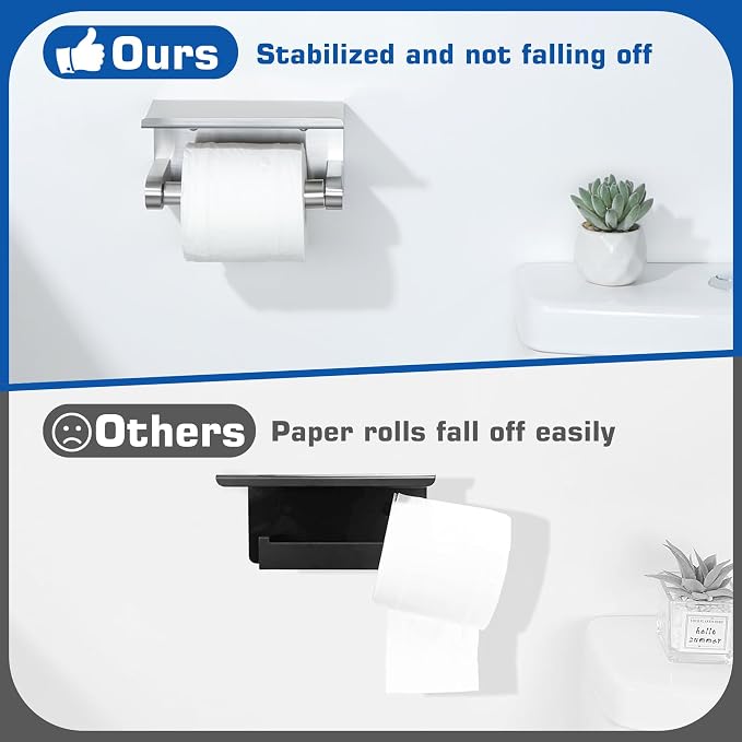 Alise Toilet Paper Holder with Shelf Wall Mount Adhesive or Drill,Brushed | SUS304 Stainless Steel Toilet Paper Roll Holder with Spring Loaded Anti-fall Tissue Holder Storage Dispenser,Rustproof