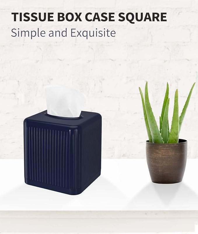 Livelab Tissue Box Cover with Base, Square Plastic Tissue Box Holder Decorative Tissue Box Case Modern Facial Paper Dispenser for Bathroom, Vanity Countertops, Night Stands, Desk - Navy Blue