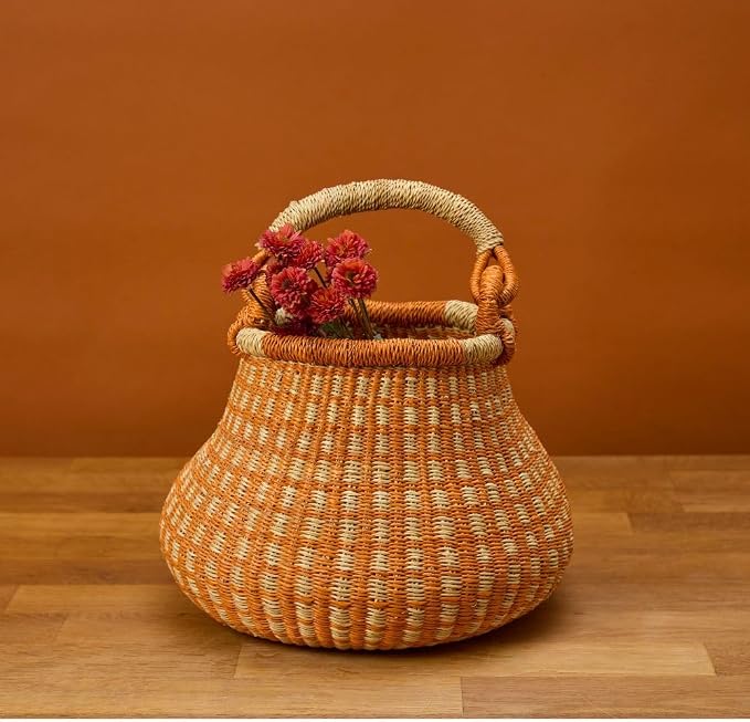 Decorative Basket for Living Room, Natural and Orange, 10 Inch Wide