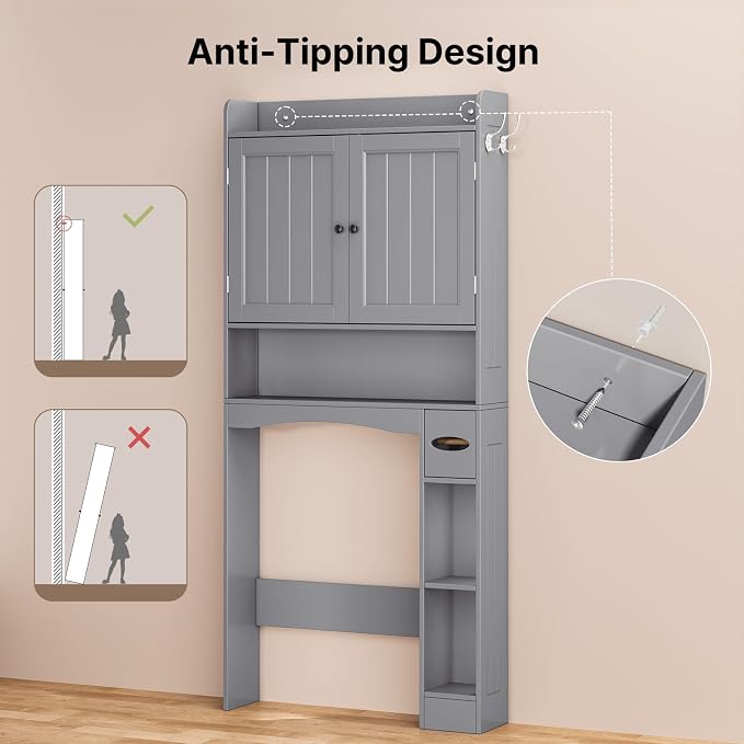Over The Toilet Storage Cabinet, 32.3" W, Espresso | Over Toilet Bathroom Organizer with Doors, Adjustable Shelves, Toilet Paper Holder, 2 Side Hooks, for Bathroom, Laundry