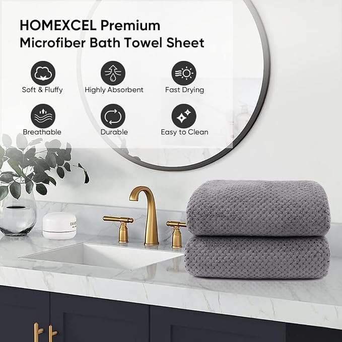 HOMEXCEL Bath Sheets 2PK, 35x70 in, Absorbent&Soft, Extra Large Bath Towel | Lightweight and Quick Drying Microfiber Towels for Bathroom, Yoga, SPA, Fitness, Grey