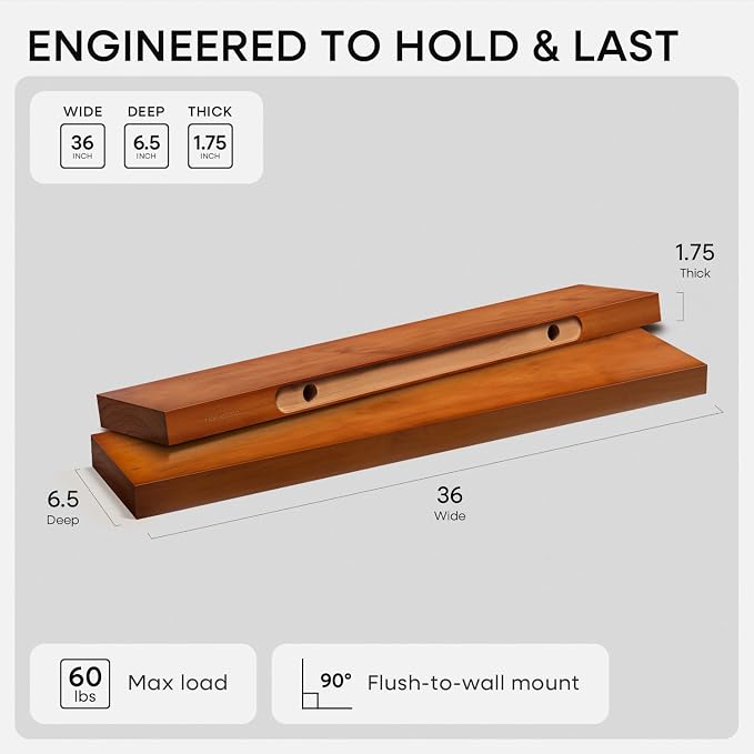 Oak Floating Shelves 36 inches Long, High End Solid Real Wood 36 inch Floating Shelf for Room Wall, Honey Oak Wooden 36inch Kitchen Shelves, Heavy Duty Bracket, 36 X 6.5 X 1.75 in, Set of 2