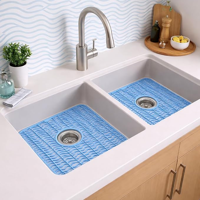 Dependable Industries Inc. Essentials 2 Pack Plastic Sink Protector Mat with Center Drain Cutout Protect Sink and Glasses and Dishes from Scratches and Breaks 12" x 11" (Light Blue)