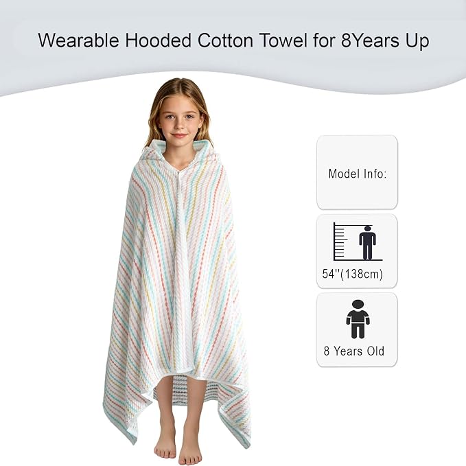VOOVA & MOVAS Big Kids Hooded Towel Wrap, 8+, 100% Cotton,White Multi Color | Multi-Color Stripe Design, Soft, Absorbent & Fast Drying, Great for Beach Vacations