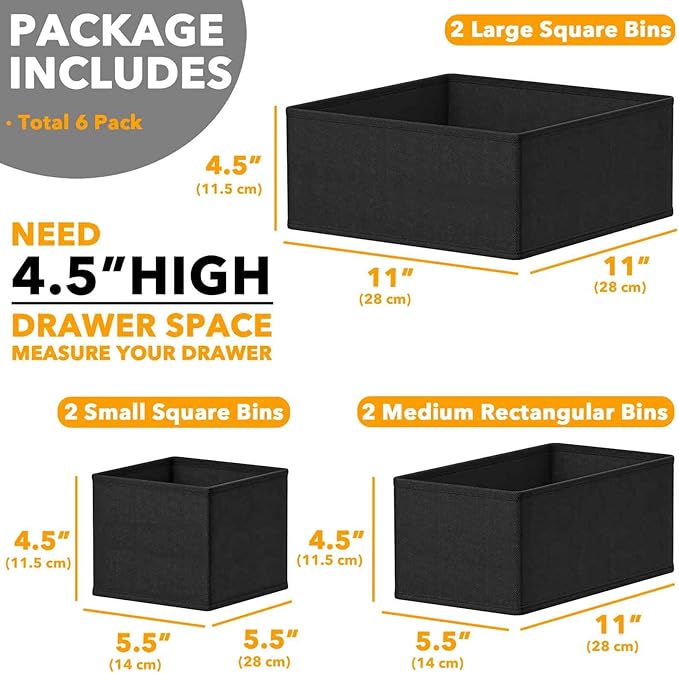 SpaceAid Drawer Organizer for Clothes, 6 Pack Dresser Drawer Organizer Bins, Closet Organizers and Storage Dividers for Clothing, Underwears, Socks (Black)