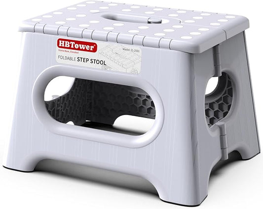 HBTower Folding Step Stool 9 Inch, 600 LBS Capacity with Safety Lock, White | Compact Step Stool Foldable for Kids & Adults, Portable Carry Handle, Collapsible Foot Stool, Kitchen, Bathroom & Outdoor