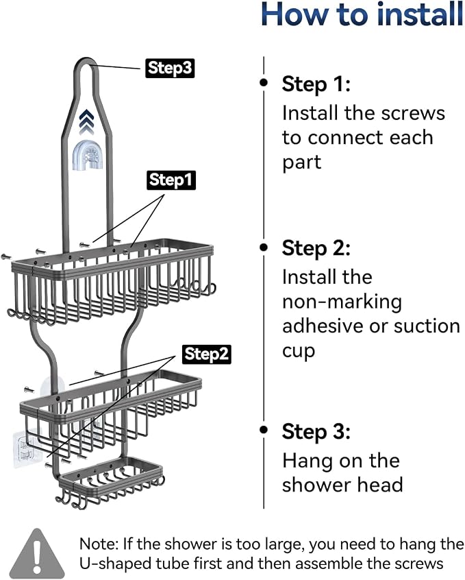 Never Rust Shower Caddy Hanging, Aluminum Shower Racks for Inside Shower, 3-Tier Shower Organizer Hanging Over Shower Head with Hooks and Soap Holder, Grey