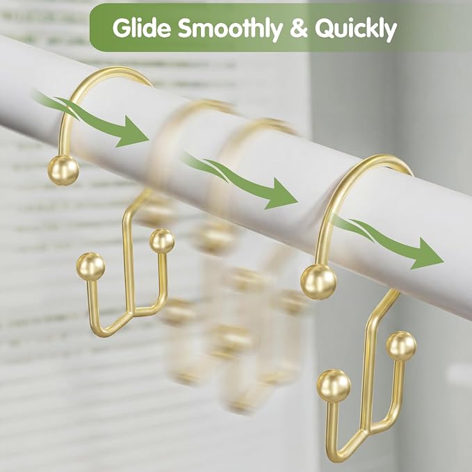 OEH 24 Pcs Shower Curtain Hooks, Metal Shower Curtain Rings, Gold Shower Curtain Hooks Rust Proof, Double Shower Rings for Curtain, Easy Install Anti-Drop Shower Hooks for Shower Curtain, Gold