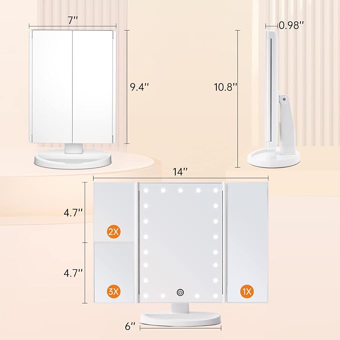Trifold Vanity Mirror with Lights, Make up Mirror with Lighting | Lighted Makeup Mirror 2X/3X Magnification, 21 LED Touch Dimming, Dual Power 180° Rotation Lit Beauty Table Mirror