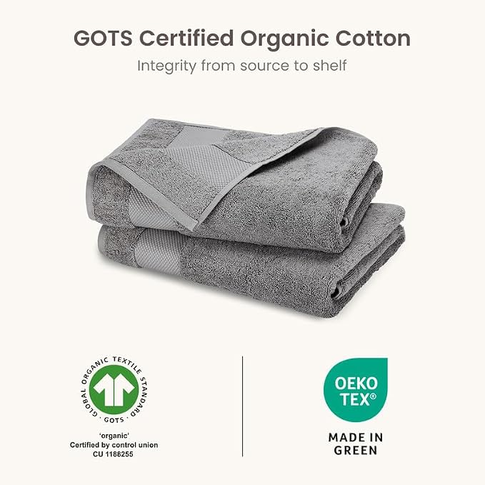 100% Organic Cotton 700 GSM Plush Bath Towels 30" x 58" GOTS Certified - Light Grey, Pack of 2