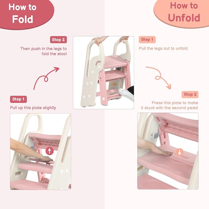 Foldable Toddler Step Stool for Bathroom Sink, Adjustable 3 Step Stool for Kids Toilet Potty Training Stool with Handles, Child Kitchen Counter Stool Helper, Plastic Ladder for Toddlers Pink