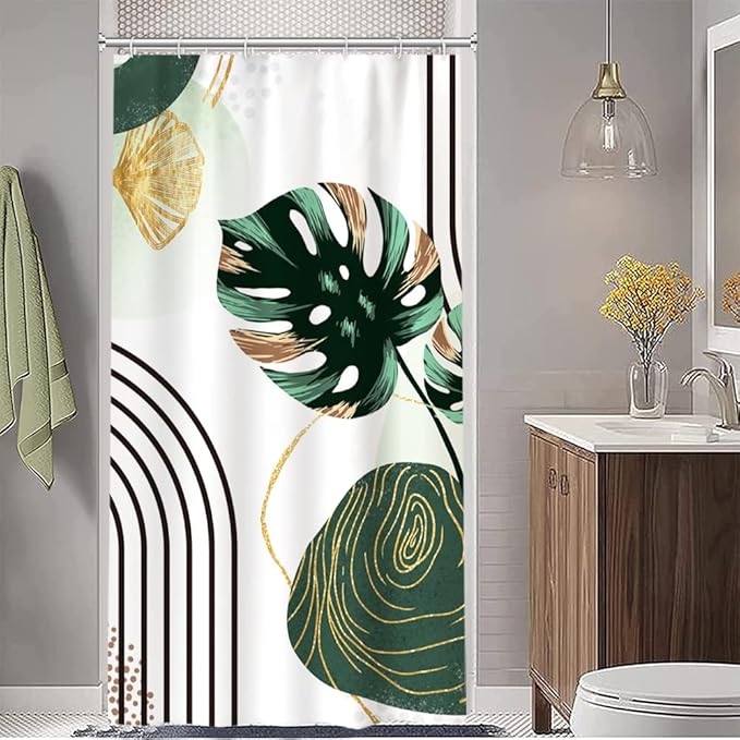 Boho Green Stall Shower Curtain with Hooks 36x72 Inch | Waterproof Small Abstract Green and Gold Leaves Bathroom Curtain for Shower Stall, Machine Washable