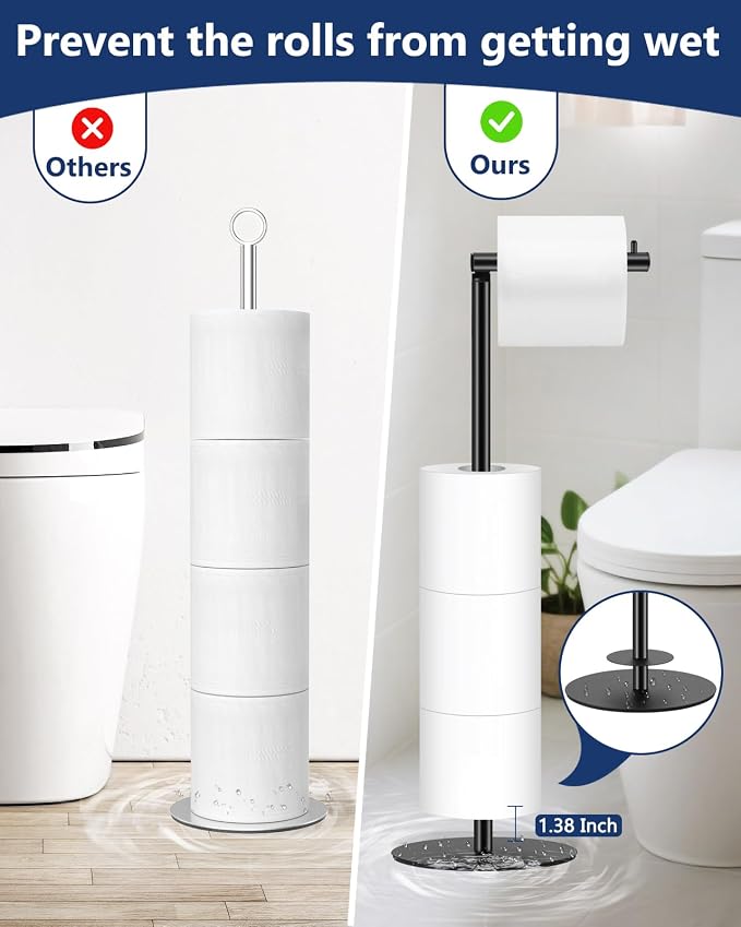 Toilet Paper Holder Stand, Bathroom Toilet Paper Stand with Shelf, Free Standing Toilet Paper Roll Storage Holder for 4 Rolls, Black, Naturous