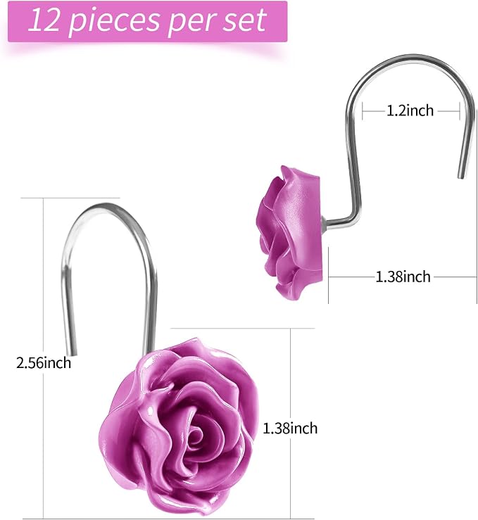 Cute Rose Floral Shower Curtain Hooks Rings for Bathroom,Burgundy 12PCS | Metal Rustproof Curtain Hooks Shower Rings,Girls Decorative Flower Bathroom Decor,for Bathroom Shower Rods