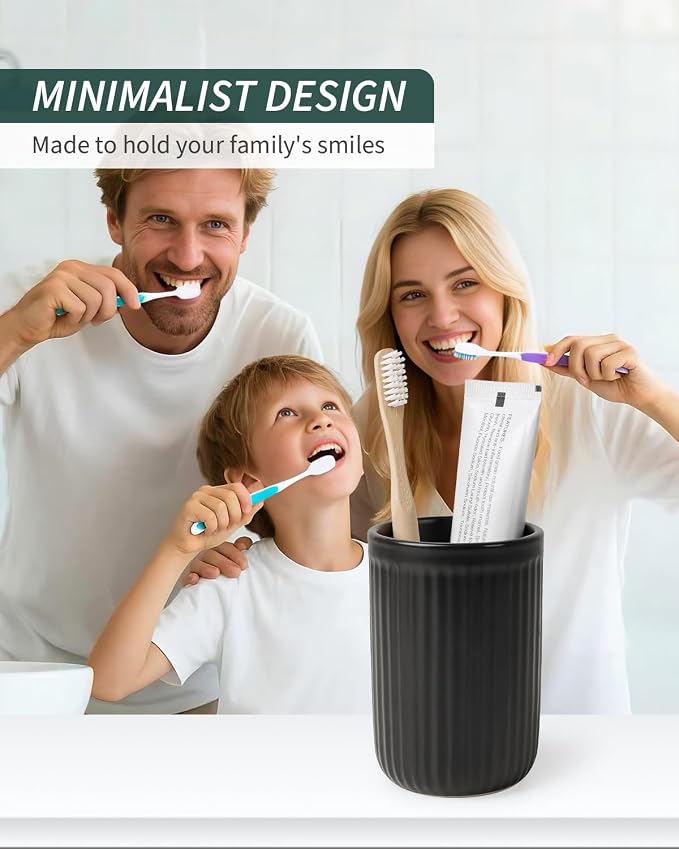 BosilunLife Ceramic Toothbrush Holder - 12oz Bathroom Toothbrush Holder Tooth Brush Holders Tumbler Cups Reusable Toothbrush Mouthwash Cup Small Toothbrush and Toothpaste Holder, Striped Black