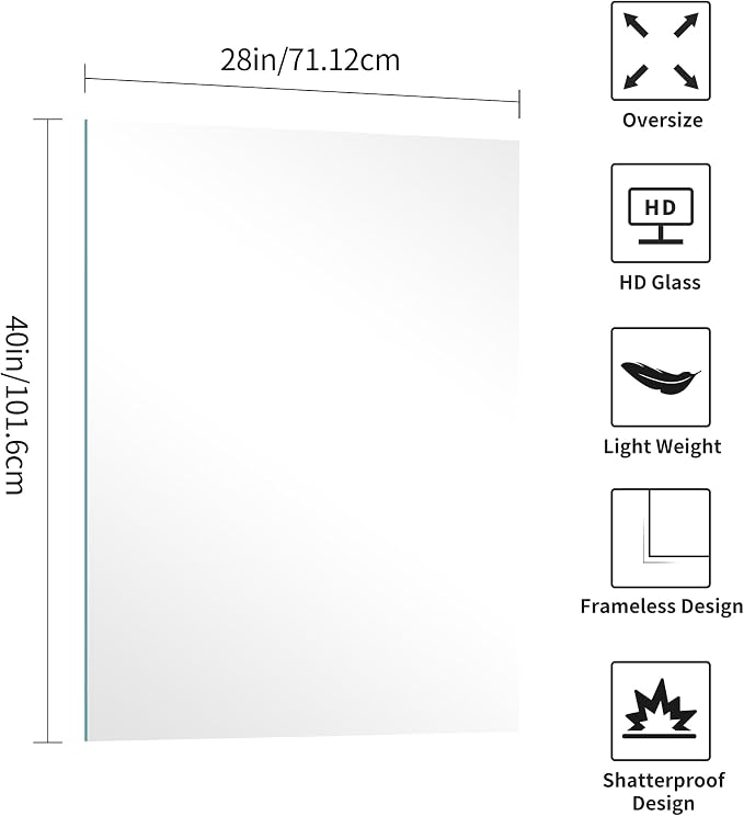 KOCUUY Frameless Mirror, 28"x40" Bathroom Mirror for Over Sink, Upgraded Shatterproof, Large Rectangle Unframed Mirror for Wall, Bathroom, Bedroom, Living Room, Entryway, Hang Horizontal/Vertical